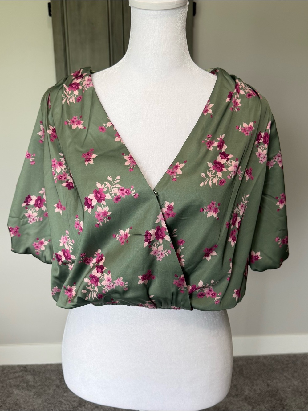 Sadie & Sage Olive Green Floral  Top with Pink Blossoms